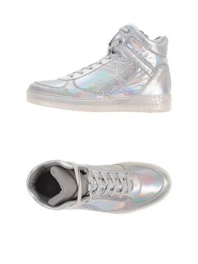 Bikkembergs Silver Holographic High-Top Leather Sneakers, Size 7